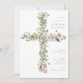 Invitación Cruz de flor silvestre White Meadow Bautismo Chris