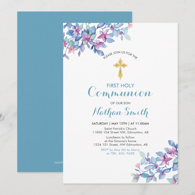 Invitación Cruz de flores y oro | Boy First Holy Communia (Anverso / Reverso)