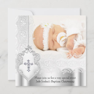 Invitación Cruz de foto de encaje blanco de plata para bautiz