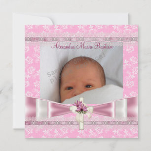 Invitación Cruz de foto floral blanca rosa Bautizo Cristianda