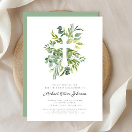 Invitación Cruz de Green Botanicals Primera Comunión Religios