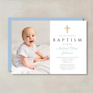 Invitación Cruz de guión azul bebé moderno niño foto bautizo
