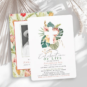 Invitación Cruz de Hibisco Rosa Celebración de la Vida Funera