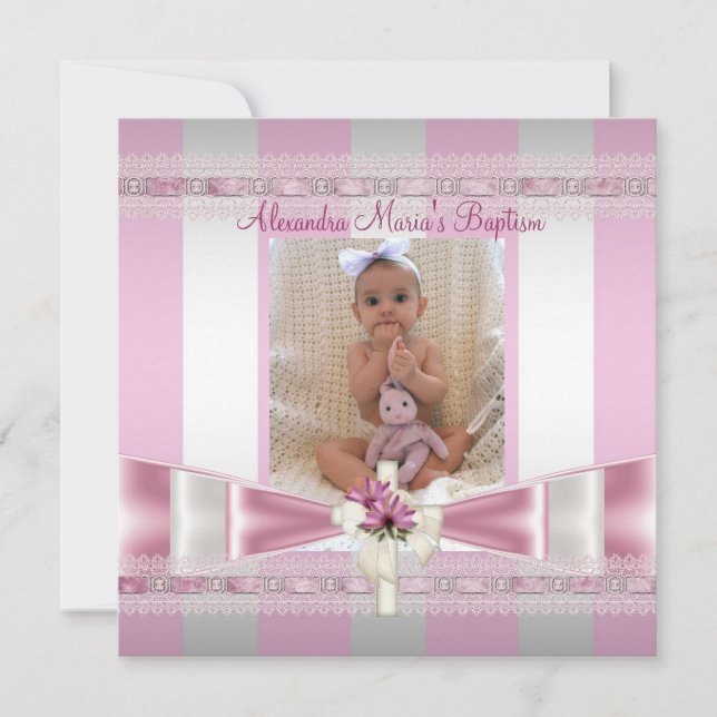Invitación Cruz de la foto de la franja blanca rosada bautiza (Anverso)