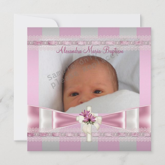 Invitación Cruz de la foto de la franja blanca rosada bautiza (Anverso)