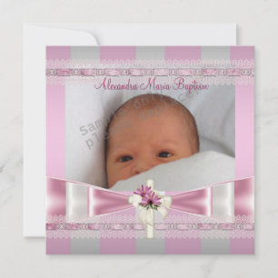 Invitación Cruz de la foto de la franja blanca rosada bautiza