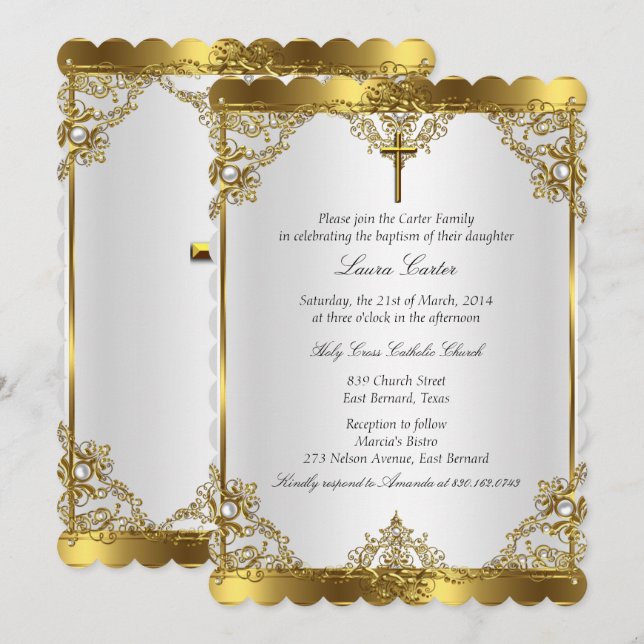 Invitación Cruz de la Perla Blanca Dorada Bautismo Christenin (Anverso / Reverso)