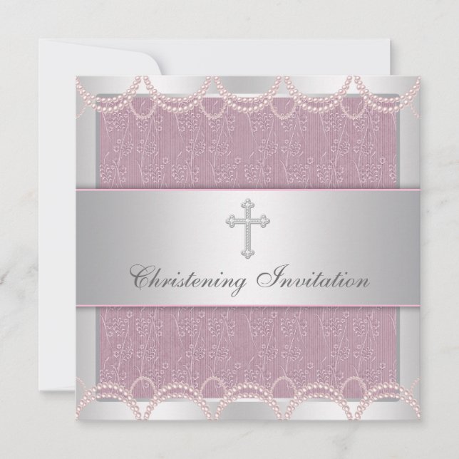 Invitación Cruz de la Perla Rosa Bebé Baptismo Christening (Anverso)