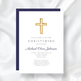 Invitación Cruz de madera azul marino religioso bautizo niño