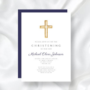 Invitación Cruz de madera azul marino religioso bautizo niño