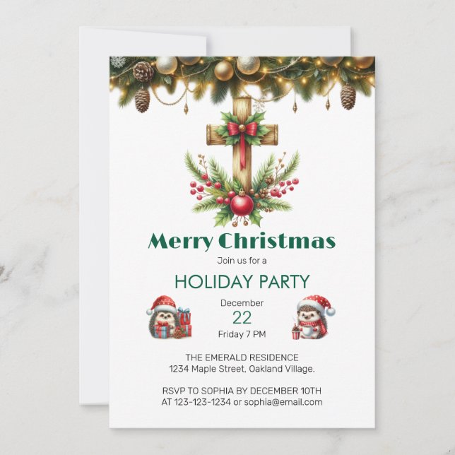 Invitación Cruz de madera con Navidades de vaca roja (Anverso)