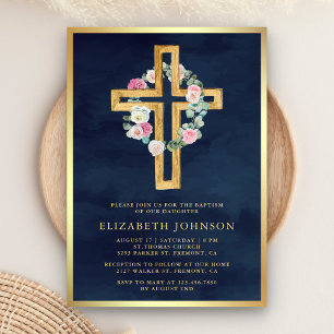 Invitación Cruz de madera de eucalipto floral azul marino dor