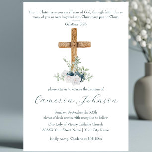 Invitación Cruz de Madera Flores Blancas y Azules Bautizo