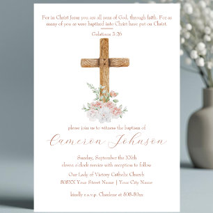 Invitación Cruz de Madera Flores Blancas y Rosadas Bautizo