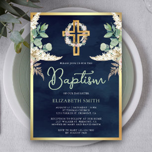 Invitación Cruz de madera Pampas Eucalipto Azul Marino Dorado