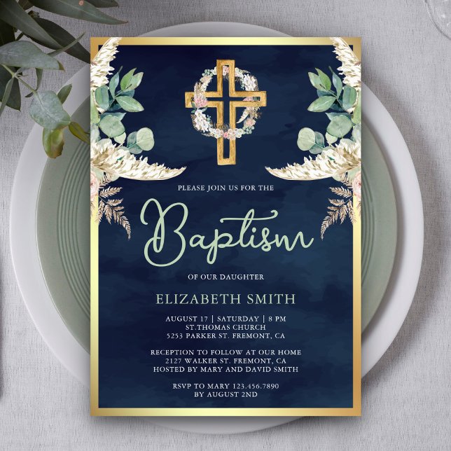 Invitación Cruz de madera Pampas Eucalipto Azul Marino Dorado (Subido por el creador)