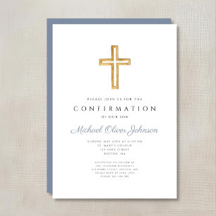 Invitación Cruz de madera religiosa azul confirmación niño