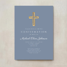 Invitación Cruz de madera religiosa azul polvoriento confirma