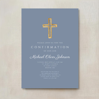 Invitación Cruz de madera religiosa azul polvoriento confirma