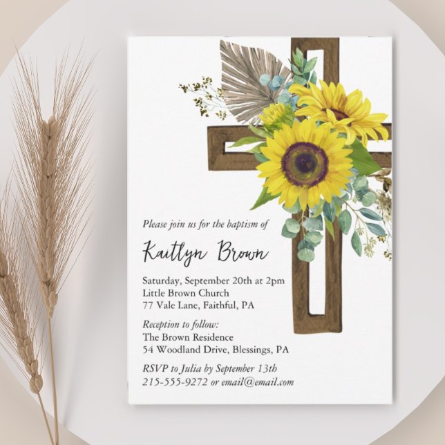 Invitación Cruz de madera rústica boho de girasol Bautizo (Subido por el creador)