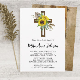 Invitación Cruz de madera rústica boho de girasol Bautizo