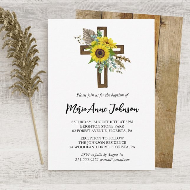 Invitación Cruz de madera rústica boho de girasol Bautizo (Subido por el creador)