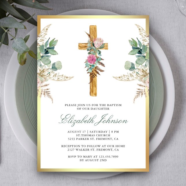 Invitación Cruz de Madera Rústica Boho Pampas Eucalipto Bauti (Subido por el creador)