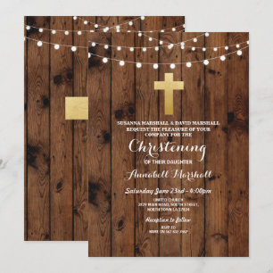 Invitación Cruz de madera rústica del oro del bautizo o del