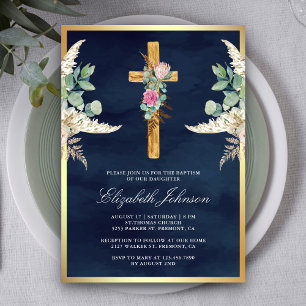 Invitación Cruz de madera rústica Pampas Eucalipto Azul marin