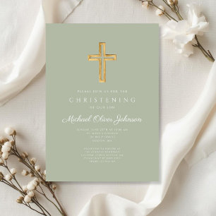 Invitación Cruz de madera verde sabio religiosa Bautizo