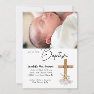 Invitación Cruz de madera y foto personalizada de bautizo de 