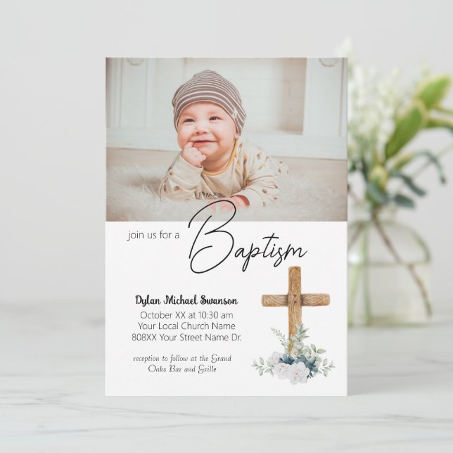 Invitación Cruz de madera y Personalizado foto bautismo niño  (Anverso de pie)