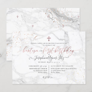 Invitación Cruz de mármol dorado rosa Bautizo Cumpleaños 1º