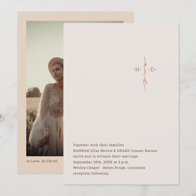 Invitación Cruz de monograma con letra a mano para boda crist (Anverso / Reverso)