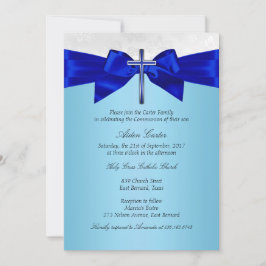 Invitación Cruz de Niño de Comunión Azul Real Blanco Plata