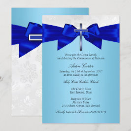 Invitación Cruz de Niño de Comunión Azul Real Blanco Plata