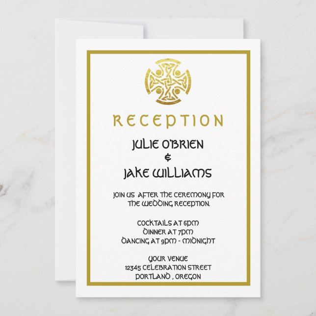 Invitación Cruz de Nudo Celta de Boda Falso Oro (Anverso)