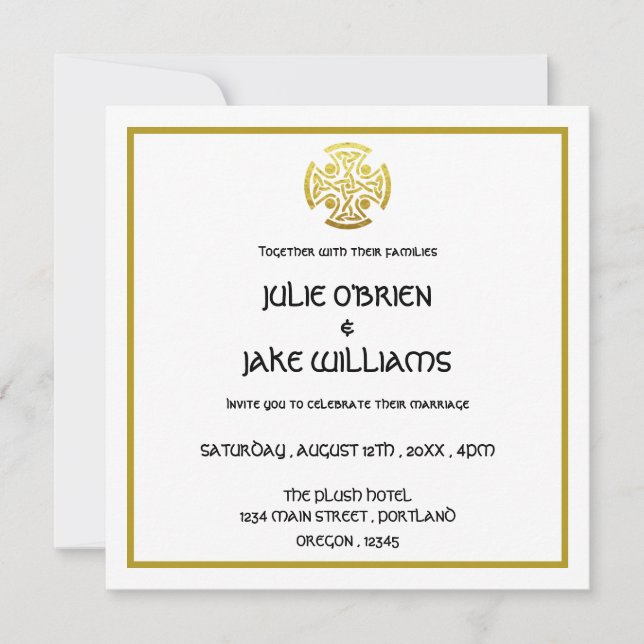 Invitación Cruz de Nudo Celta de Boda Falso Oro (Anverso)