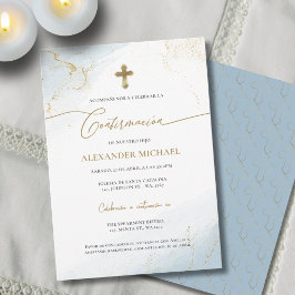 Invitación Cruz de Oro Azul Confirmación de Niño Confirmación