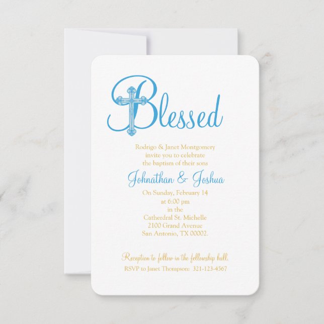 Invitación cruz de oro azul melliza CRISTENCIA o BAPTISMO (Anverso)