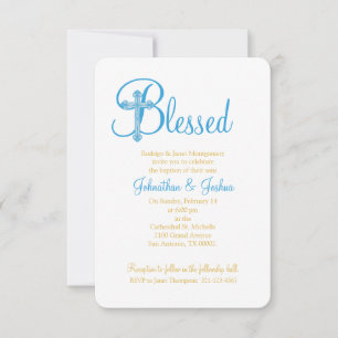 Invitación cruz de oro azul melliza CRISTENCIA o BAPTISMO