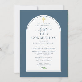 Invitación Cruz de Oro Azul Simple Primera Comunión Santa