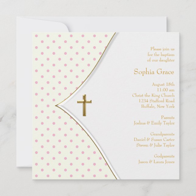 Invitación Cruz de oro blanco rosa para bautizo de niña (Anverso)
