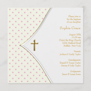Invitación Cruz de oro blanco rosa para bautizo de niña