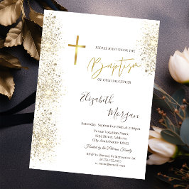 Invitación Cruz de oro chic bautizo confeti de purpurina dora