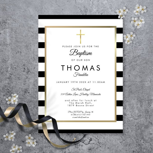 Invitación Cruz de oro Chic Simple Bautizo Bautismo (Chic Simple Gold Cross Baptism Christening Invitation)