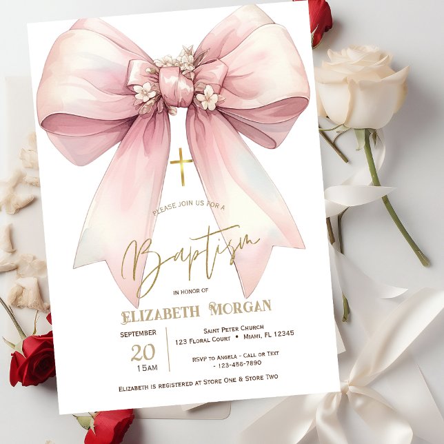 Invitación Cruz de oro con lazo rosa floral Bautizo (Subido por el creador)