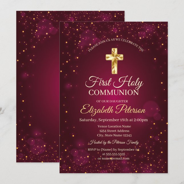 Invitación Cruz de Oro Confeti Rojo Primera Comunión (Anverso / Reverso)