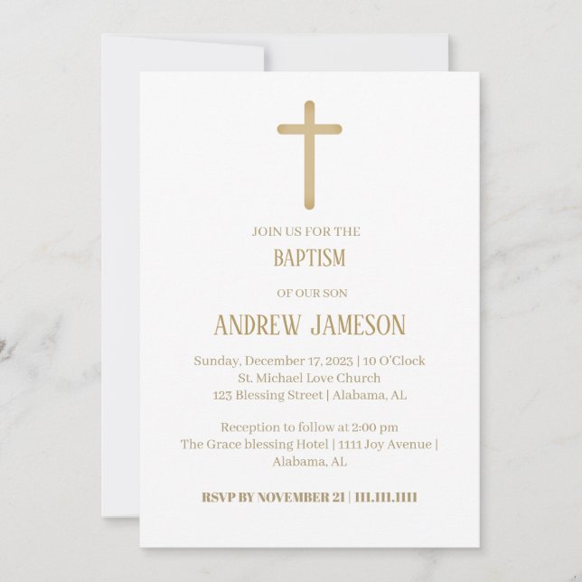 Invitación Cruz de Oro Cristiana Moderna y Elegante | Bautism (Anverso)
