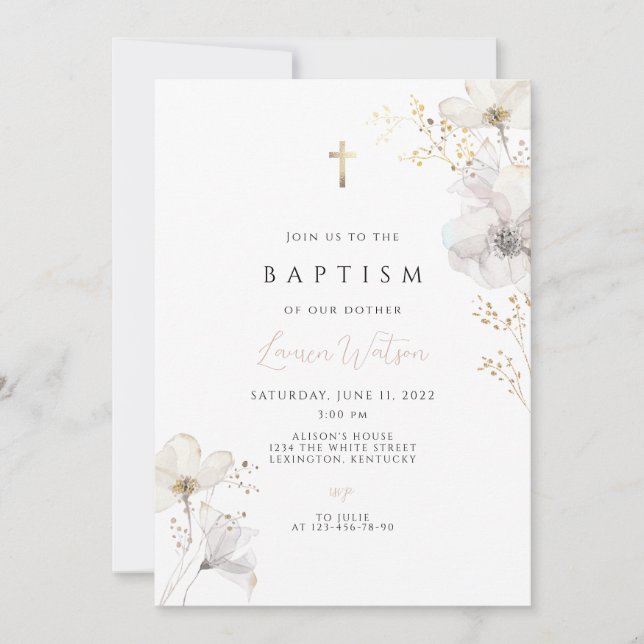 Invitación Cruz de oro de flores silvestres Bautismo (Anverso)